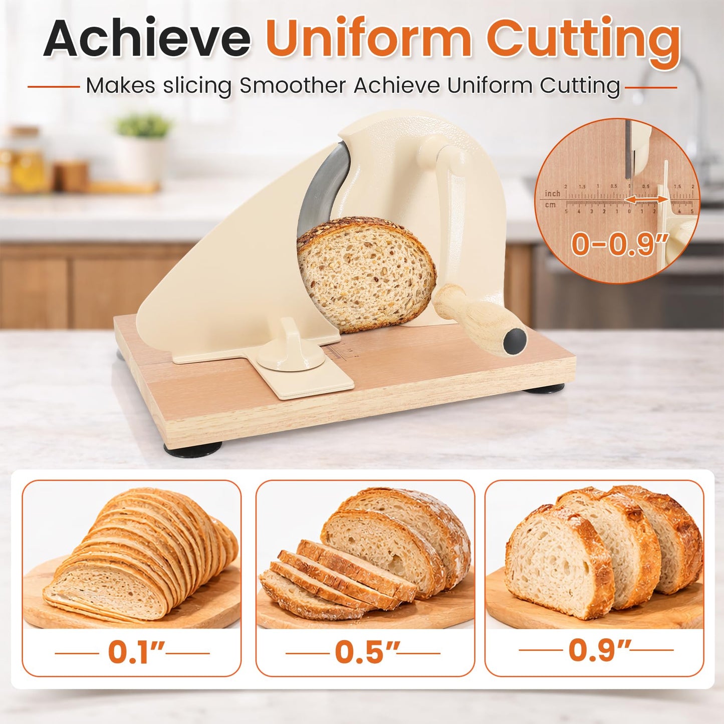 Manual Bread Slicer for Homemade Sourdough Bread, Adjustable Thickness Hand Crank Bread Cutter with Scale Lines, Suction Cup Base, Metal Guide & Sharp Stainless Steel Blade (Cream)