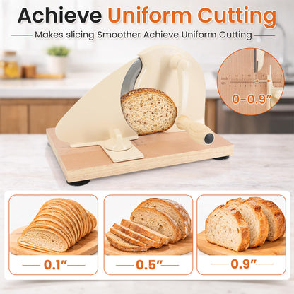 Manual Bread Slicer for Homemade Sourdough Bread, Adjustable Thickness Hand Crank Bread Cutter with Scale Lines, Suction Cup Base, Metal Guide & Sharp Stainless Steel Blade (Cream)