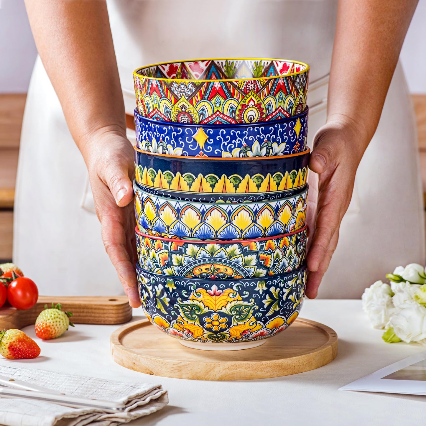 Henten Home Ceramic 28 oz Soup Bowls, Boho Style Cereal Bowl Set, Colorful Serving Bowls for Salad, Pasta, Rice, Set of 6, Dishwasher & Microwave Safe