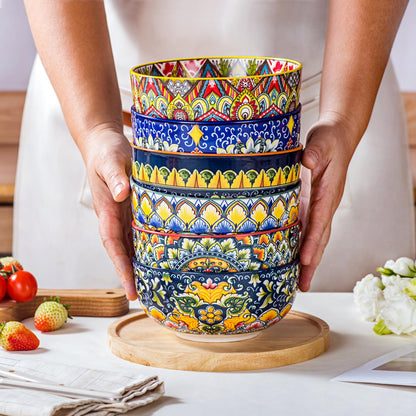 Henten Home Ceramic 28 oz Soup Bowls, Boho Style Cereal Bowl Set, Colorful Serving Bowls for Salad, Pasta, Rice, Set of 6, Dishwasher & Microwave Safe