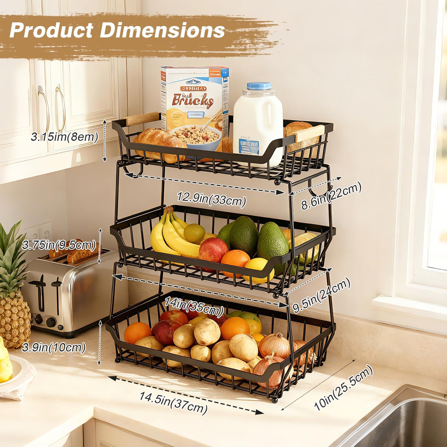 3 Tier Fruit Basket for Kitchen Counter with 2 Banana Hangers, Countertop Metal Fruit Bowl with Wooden Handle, Large Capacity Metal Wire Fruits Stand Organizer for Fruits Vegetables Breads Coffee Can