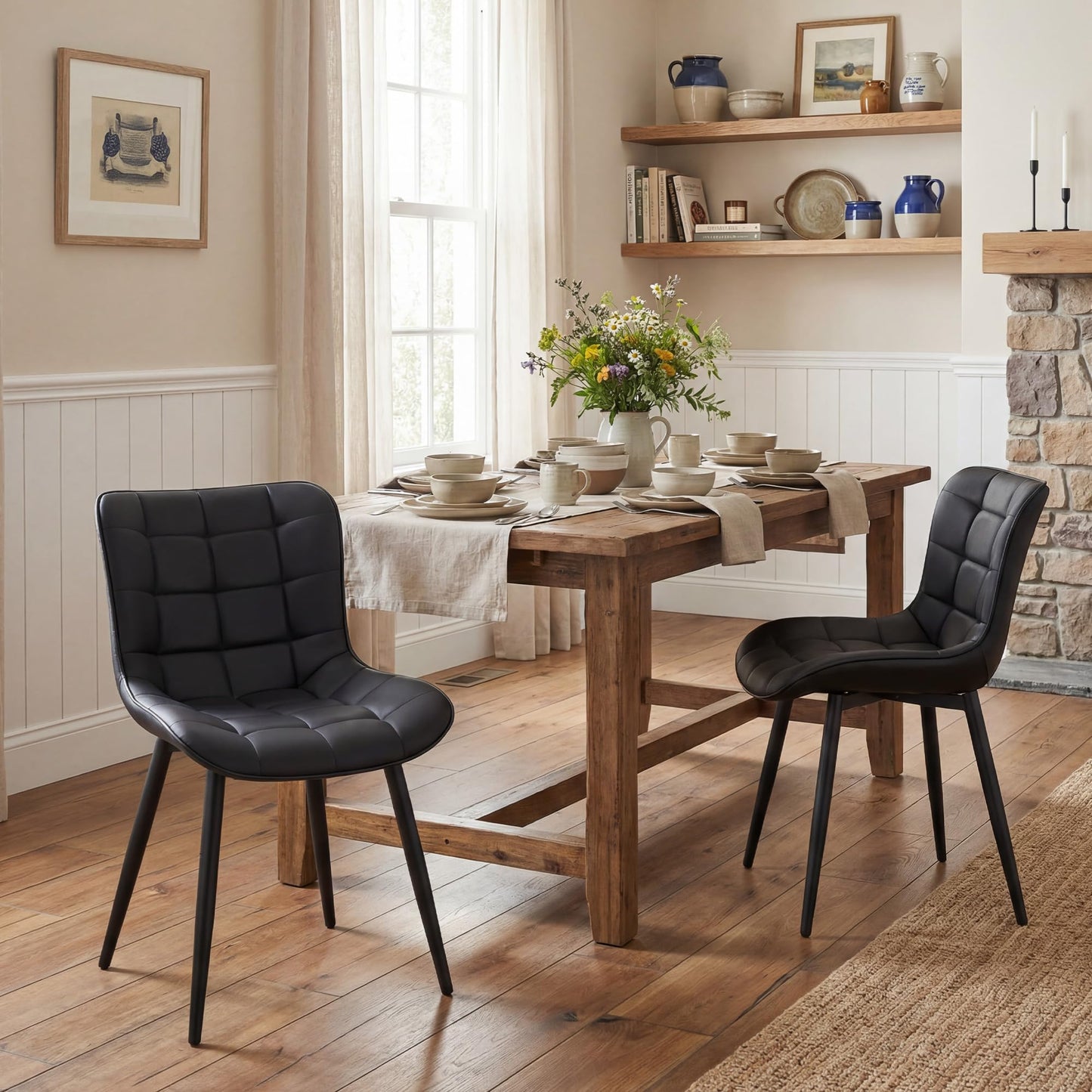 YOUTASTE All Black Dining Chairs Set of 2, Faux Leather Upholstered Armless Chairs with Back and Metal Legs, Mid Century Modern Kitchen Chairs for Living Room, Vanity, or Guest Reception Room