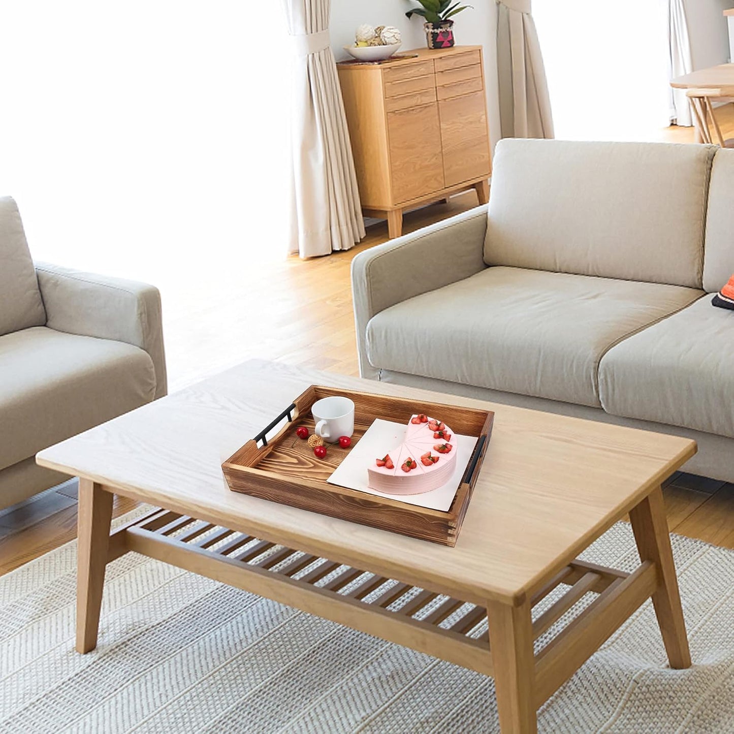 17x13'' 2 LotFancy Large Ottoman Tray for Living Room, Wood Serving Tray with Handles, Home Dcor for Coffee Table