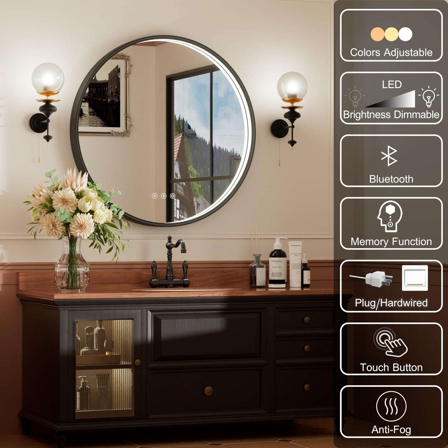 JSneijder 36 Inch Bluetooth Bathroom Mirror with LED Lights, Black Frame Round Vanity Mirror with Lights and Bluetooth, Anti-Fog, Dimmable, 3000K/4500K/6000K, CRI 90+,Memory Function