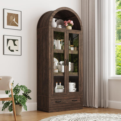 75" Tall Arched Kitchen Pantry Cabinet w Load-Bearing Steel Pipe,Modern Farmhouse Kitchens Storage Cabinet with Drawer and Glass Doors,Tall Arched Bookcase,Pantry Organizer(Rustic Brown)