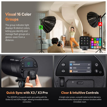 Godox AD100 Pro II AD100Pro II Pocket Outdoor Flash Strobe, 100Ws 2.4G TTL 1/8000s HSS Monolight, 0.01-1.5s Recycle, 490 Full Power Flashes, LED Modeling Lamp, GODOX AD 100 Pro II with Color Indicator
