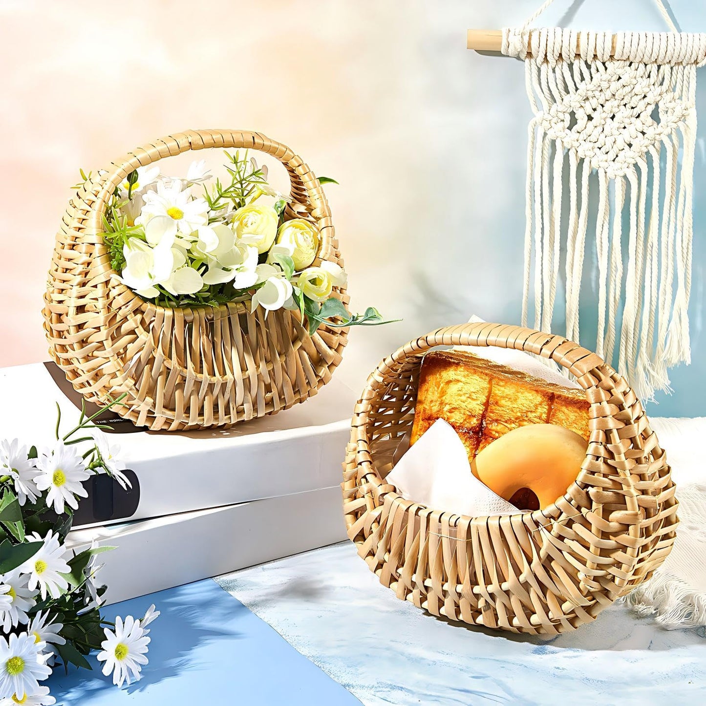 Taiyin 3 Pack Rattan Flower Girl Basket Half Moon Straw Wicker Basket with Handle 6.7" x 6.5" x 4.3" Ideal for Wedding Flower Girl, Picnic, Garden Storage and Home Decor (Nature)