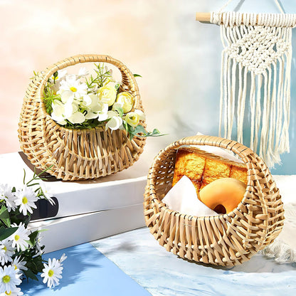 Taiyin 3 Pack Rattan Flower Girl Basket Half Moon Straw Wicker Basket with Handle 6.7" x 6.5" x 4.3" Ideal for Wedding Flower Girl, Picnic, Garden Storage and Home Decor (Nature)