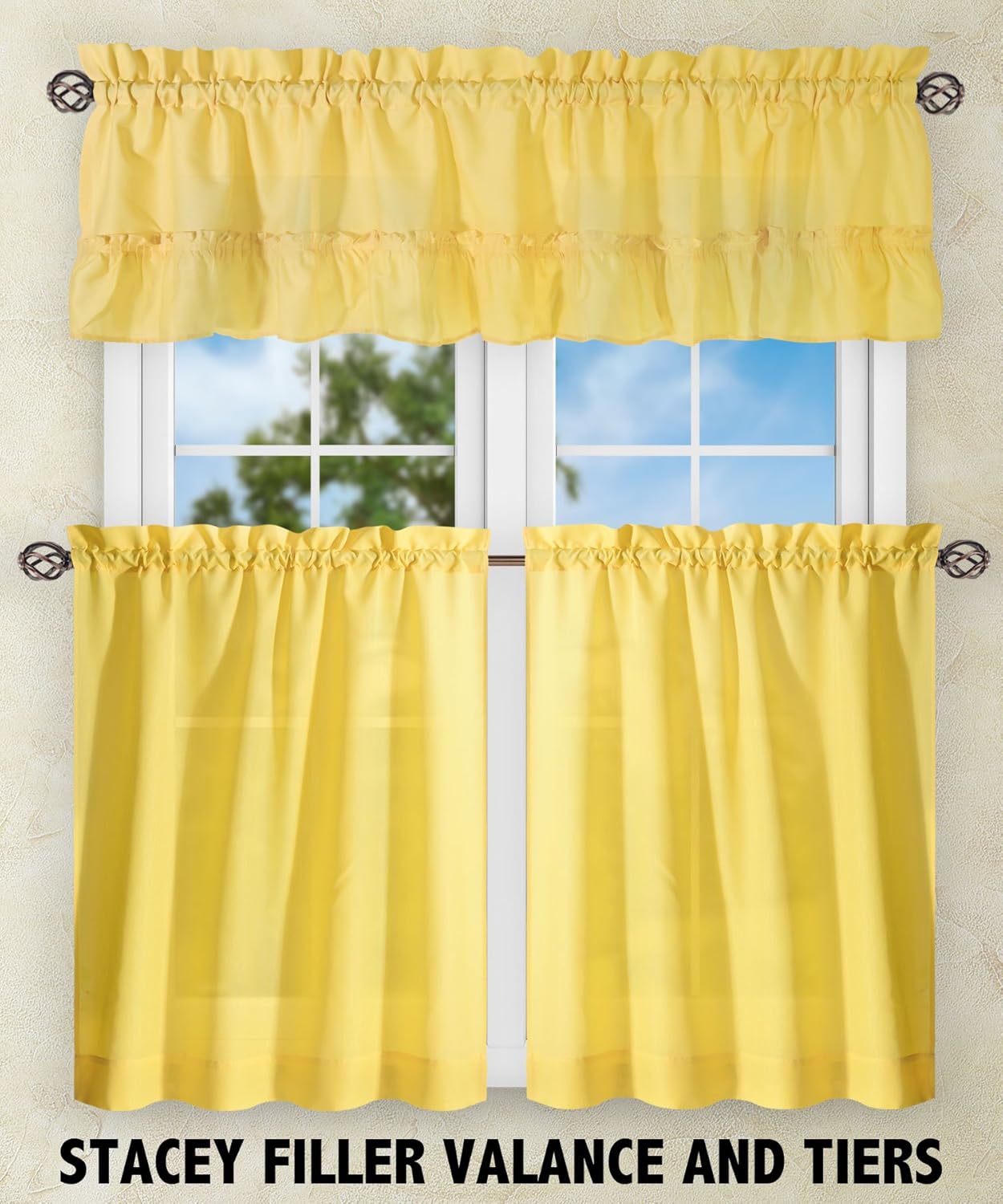 Ellis Curtain Stacey Sheer Tailored Tier Pair Curtains, Yellow, 56" x 30"
