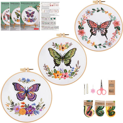 Mozzyyee 3 Sets Embroidery Starter Kit for Beginners Adults Include 3 Embroidery Clothes with Instructions Hoops Floss Thread Fabric Needles (Butterfly)