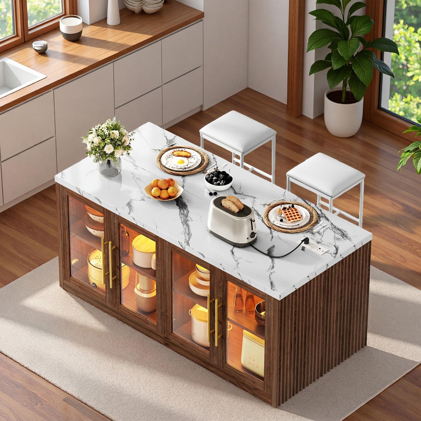 Homiflex Kitchen Island with Storage, Imitation Marble Island Table with LED Lights & Cabinet for Kitchen, Modern Kitchen Carts on Wheels for Dining Room, Home Bar, Walnut