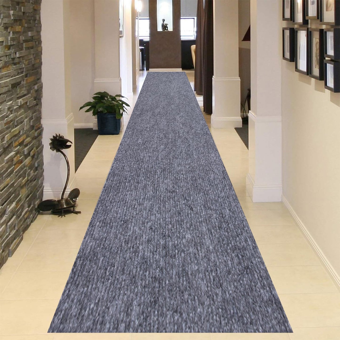 Extra Long 3x10 ft Runner Rug for Hallway, Non-Slip Indoor Outdoor Carpet with TPR Backing, Durable Waterproof Mat for Kitchen, Patio, Balcony, Garage, Deck, Entryway, Stair, Grey Fine Stripes