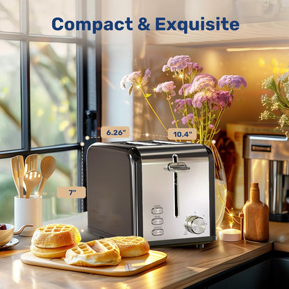 YSSOA Stainless Steel Toaster 2 Slice, Extra Wide Slot, Removable Crumb Tray, 6 Shade Settings, Compact Oven, Black