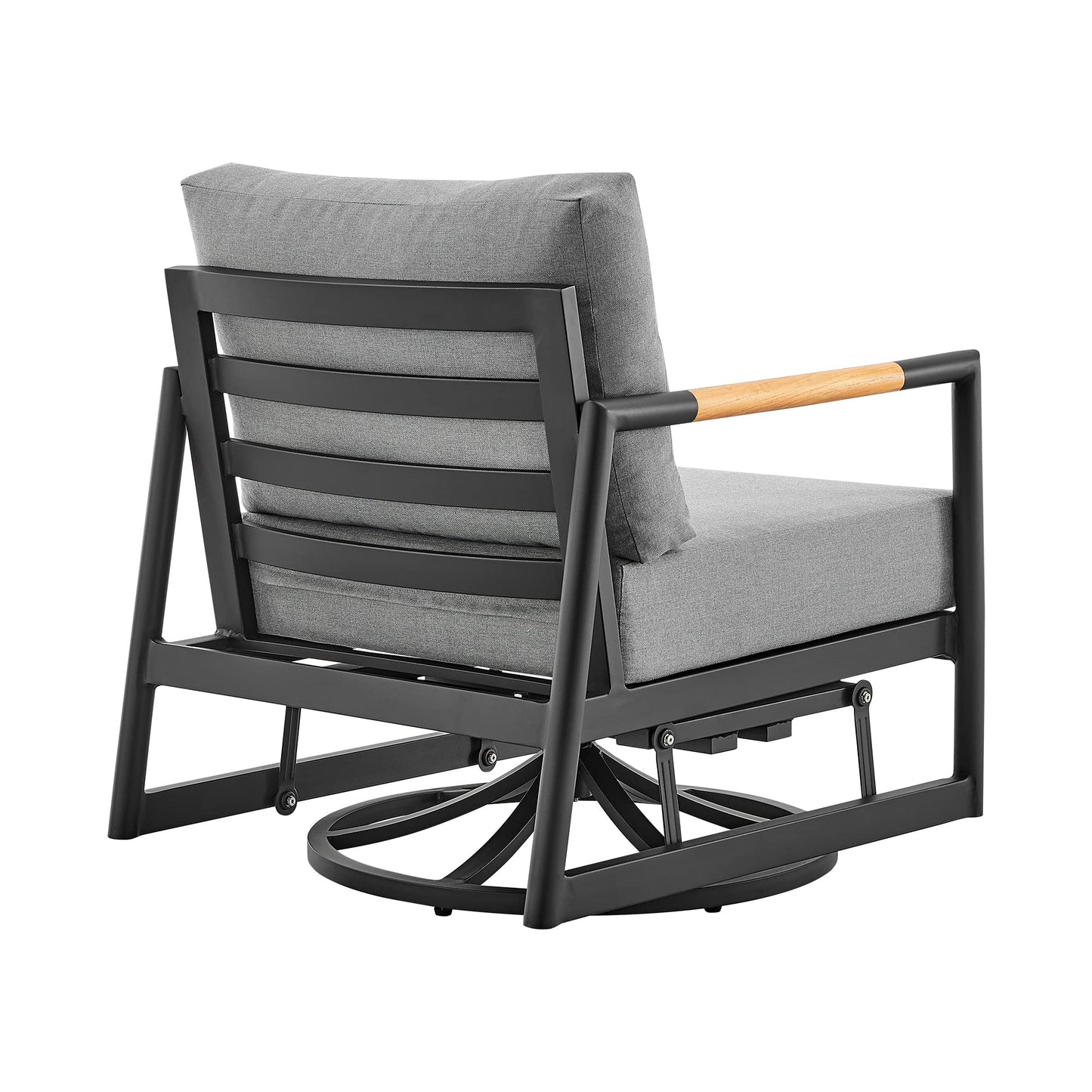 Armen Living Royal Outdoor Patio Swivel Glider Lounge Chair in Black Aluminum and Teak Wood with Cushions