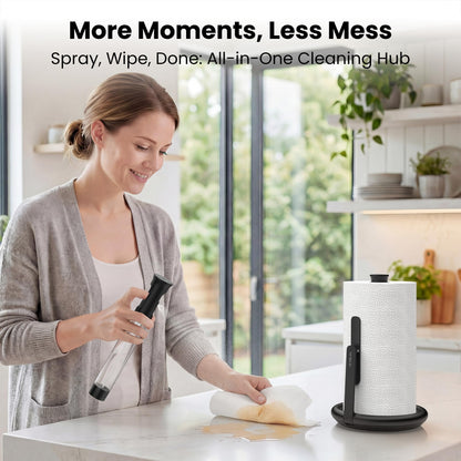 Ultrean Paper Towel Holder with Spray Bottle, Countertop Freestanding Paper Towel Dispenser with Spring-Loaded Tension Arm for One-Handed Tear, Weighted Base, Stainless Steel for Kitchen, Black