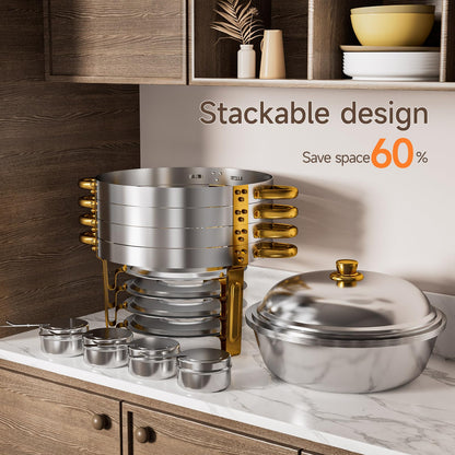 LEDLAY 6QT Stainless Steel Chafing Dishes for Buffet, Round Chafing Dish Buffet Set 4 Pack with Smooth Edge Lid, Food Warmers for Parties Buffet Golden & Silver