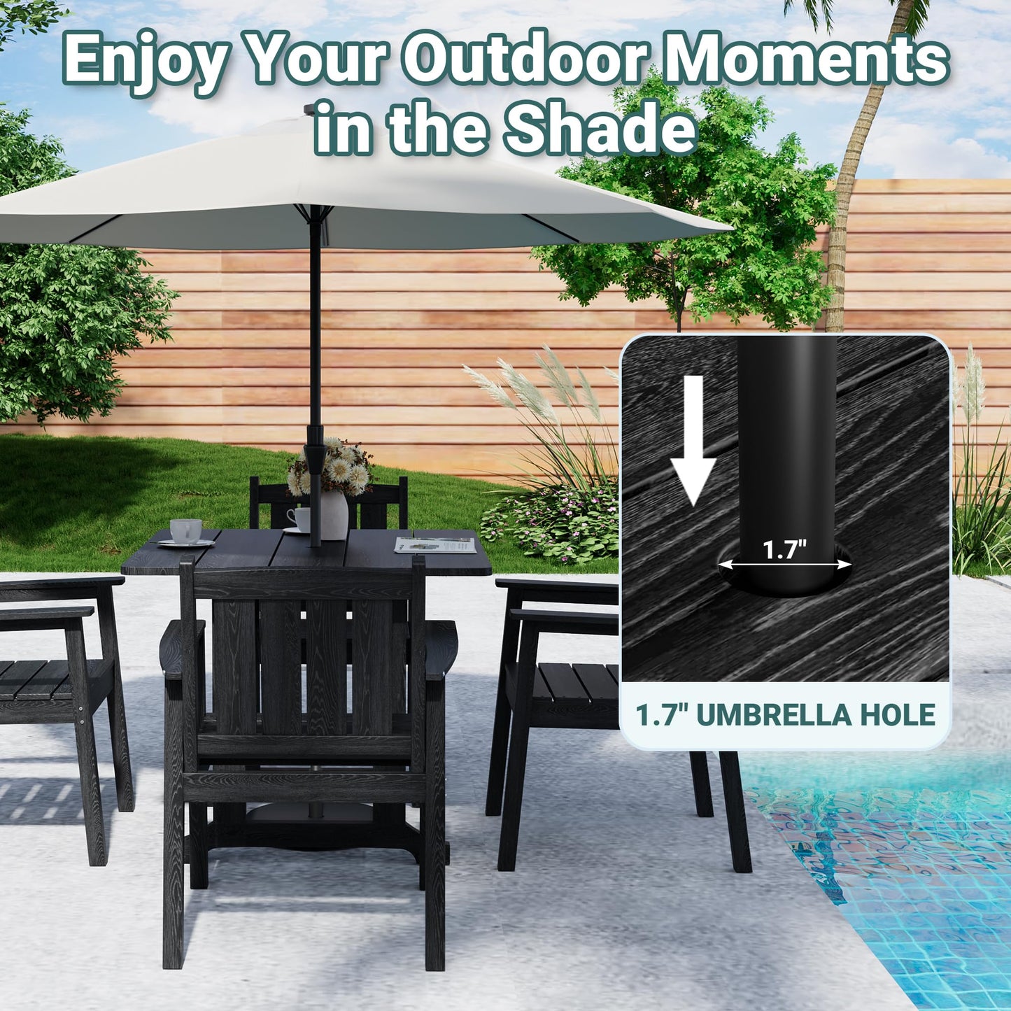 Pamapic 5 PCS Outdoor Dining Set, Spacious HDPE Outdoor Table and Chairs, Wood Grain Patio Furniture Sets with Elegant Armrest, All-Weather Patio Dining Table with Umbrella Hole, Black