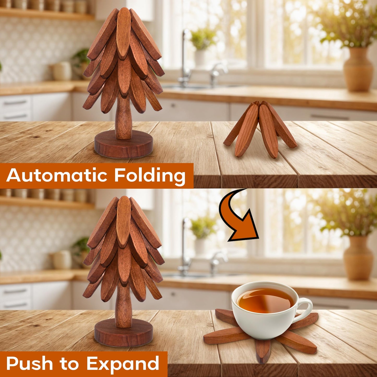Wooden Trivets for Hot Dishes, Wooden Tree Trivet Set of 4 for Easy Storage - Suited for Hots, Pans/Bowl, Teapot, Hot Holders - Multifunctional Ornaments (Dark - 4 PCs)