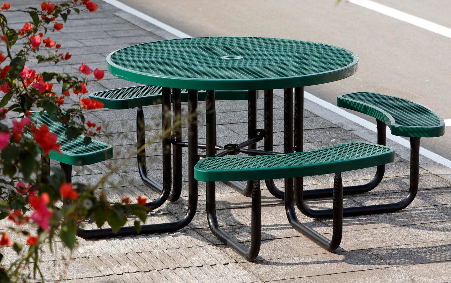 Sunnibety 8-Person Picnic Tables for Outdoors, Industrial 46" Expanded Metal Round Picnic Table with 4 Benches & Umbrella Hole, Outside Table and Bench Set for Park, Garden, Backyard, Patio, Green