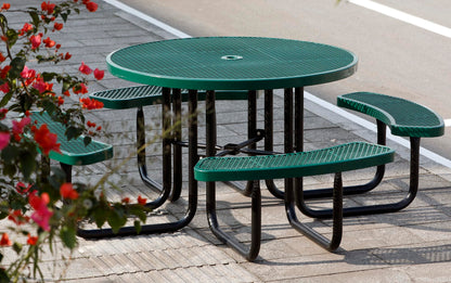 Sunnibety 8-Person Picnic Tables for Outdoors, Industrial 46" Expanded Metal Round Picnic Table with 4 Benches & Umbrella Hole, Outside Table and Bench Set for Park, Garden, Backyard, Patio, Green