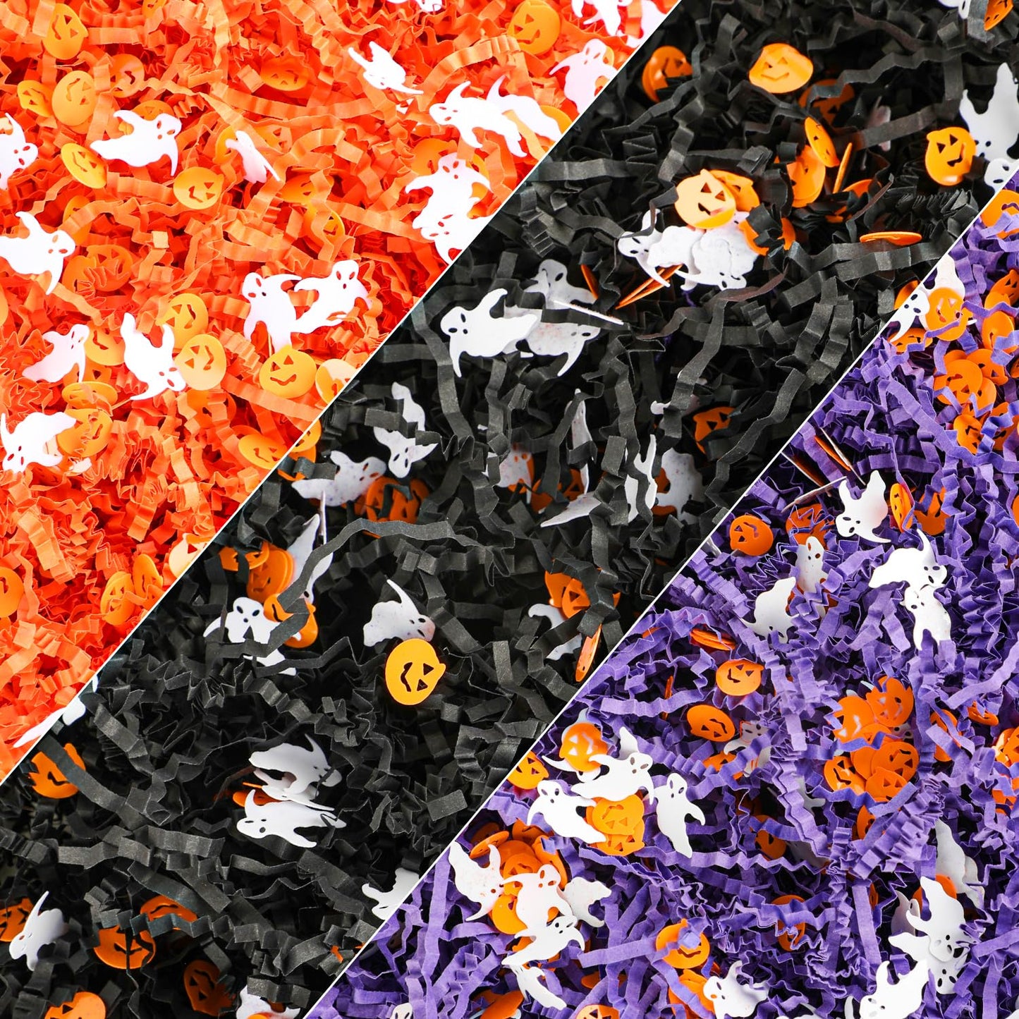 FOIMAS Halloween Crinkle Cut Paper,9.87oz Black Orange Purple Shred Raffia Paper with Pumpkin Ghost Confetti for Trick or Treat Halloween Bakset Gift Packaging Supply