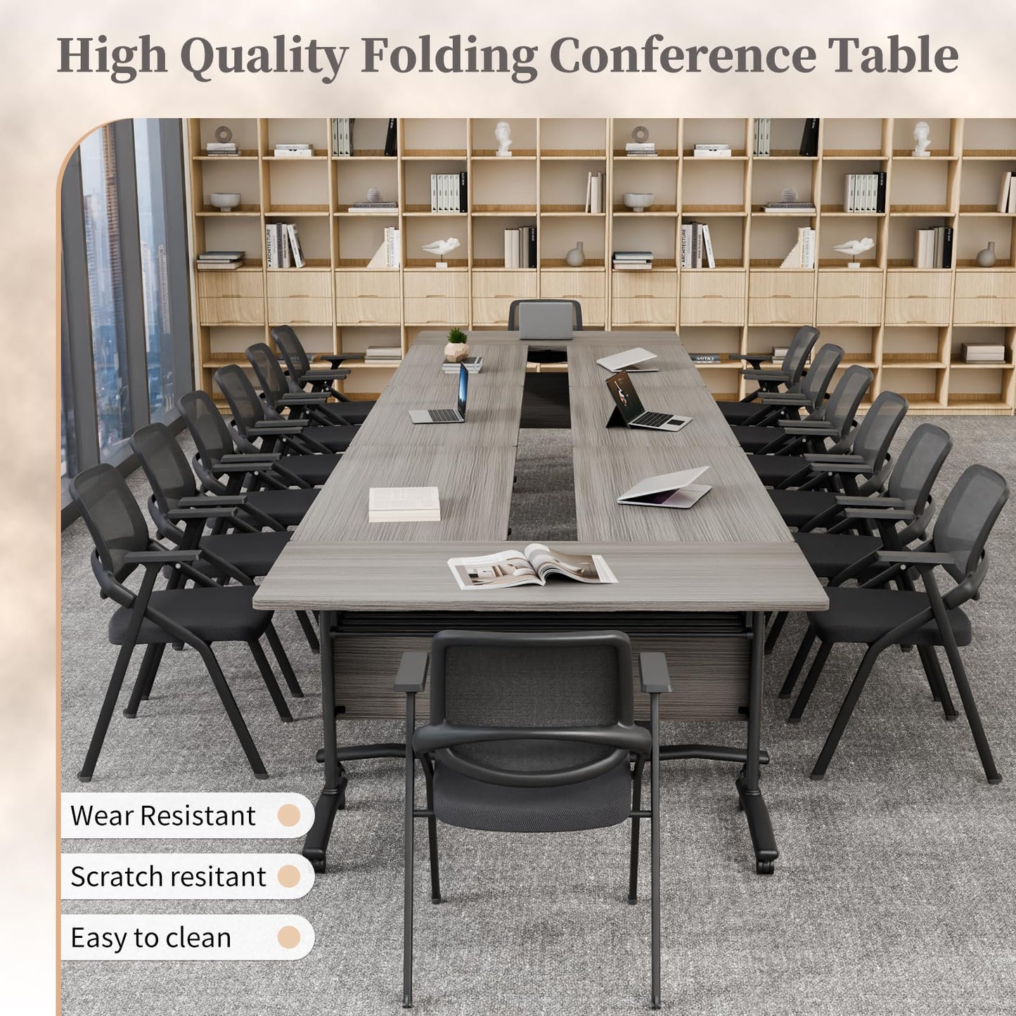 JNMDLAKO Folding Conference Room Table for 6-12 Person, Modular Mobile Large Flip-Top Training Table with Locking Wheels, Modern Rectangular Seminar Meeting Tables for Office (6, Elm, 47.2in)