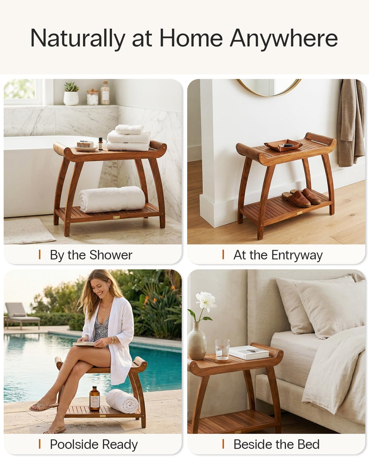 StrongTek Long Teak Shower Bench with Handles and Shelf, Solid Teak Wood Bathroom Bench, Quick-Dry Slatted Bath Bench, 29.5" L x 12.5" D x 24" H, 400 lbs Capacity, for Shower or Bathroom