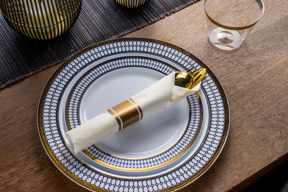 MONEST 350Pcs Blue and Gold Plastic Silverware Set for 50 Guests, Disposable Dinnerware Set includes: 50 Pre Rolled Napkins with Utensils, 50 Dinner Plates, 50 Dessert Plates, 50 Cups (Royal Sapphire)