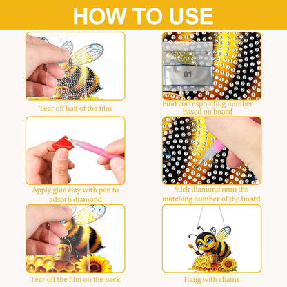 CEOVR Bee Hanging Diamond Art for Adults, Bee Honey Diamond Painting Pendant DIY Gem Art Wall Hanging Ornament, Acrylic Home Garden Decor with Chain, Box Kit 7.77×7.3inch