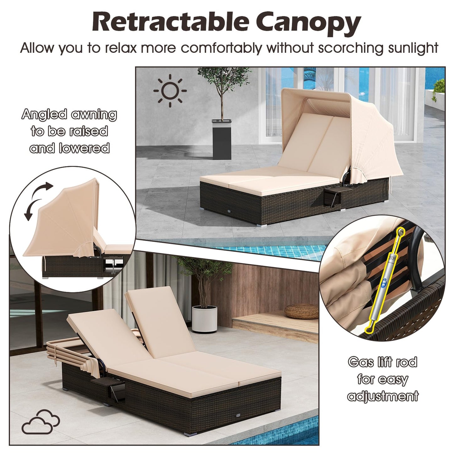 HAPPYGRILL Outdoor Rattan Daybed with Retractable Canopy, 2-Person Lounge Bed with 5-Position Adjustable Backrest, Foldable Side Shelves, Patio Double Sunbed Conversation for Yard Porch