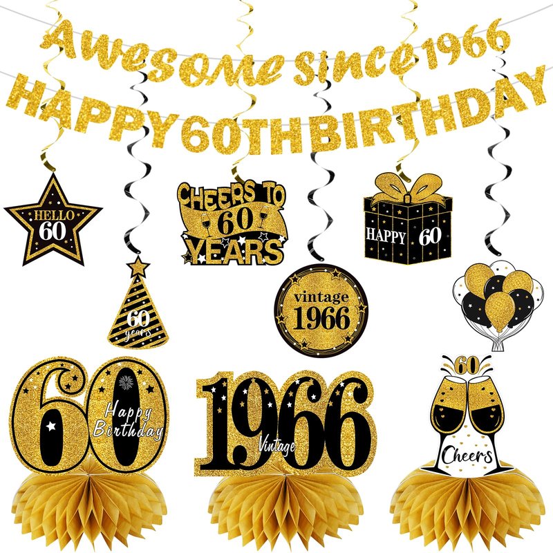 Kuxriox 11Pcs 60th Birthday Decorations Kit for Men Women, Black Gold Happy 60th Birthday Banner, Awesome Since 1966 Centerpieces Swirls Party Supplies, Sixty Bday Banner Ceiling Table Topper Sign