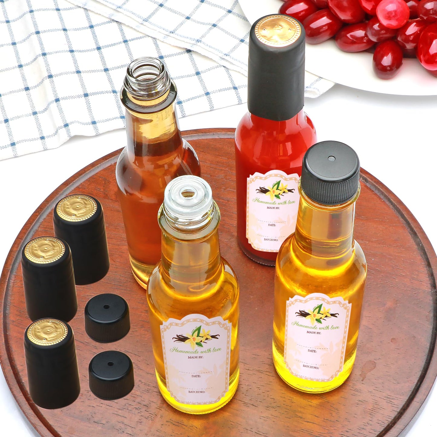 Brajttt 35pcs 5oz Glass Hot Sauce Bottles with Black Cap, Ideal for Hot Sauces, Oils, Vinegar, Wine & More, 147.8675ml Capacity, Dishwasher Safe