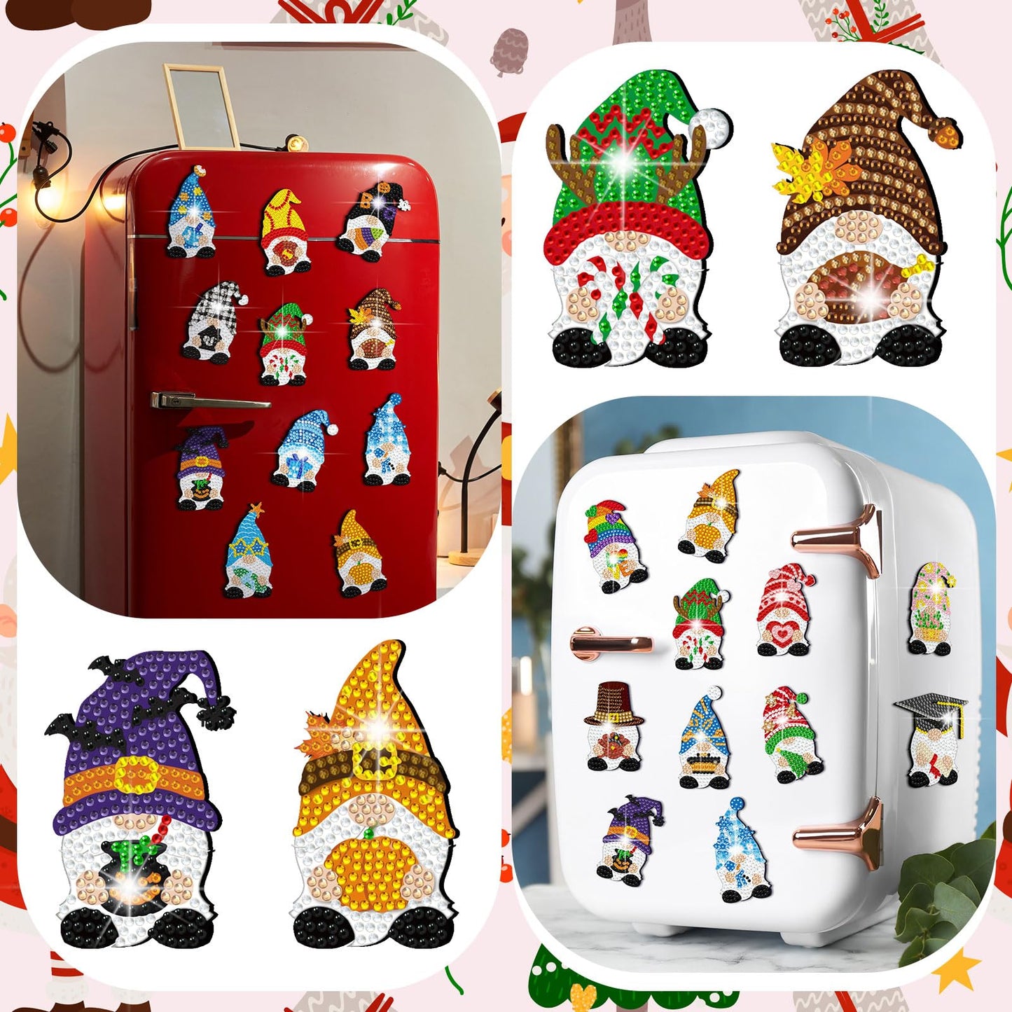 30 Pcs Christmas Gnome Diamond Painting Magnets Kits Seasonal Diamond Art Decor Holiday Seasonal Christmas Fridge Magnet Refrigerator Sticker DIY Craft for Beginners Adults Gifts Home Decor