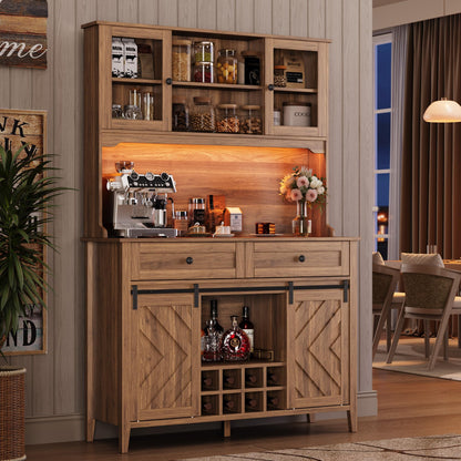 Garvee 72" Farmhosue Bar Cabinet with Sliding Barn Door, Large Kitchen Buffet with Hutch Wine with Charging Station, 2 Drawers, 8 Storage Shelves, LED Rustic Coffee Bar for Dining