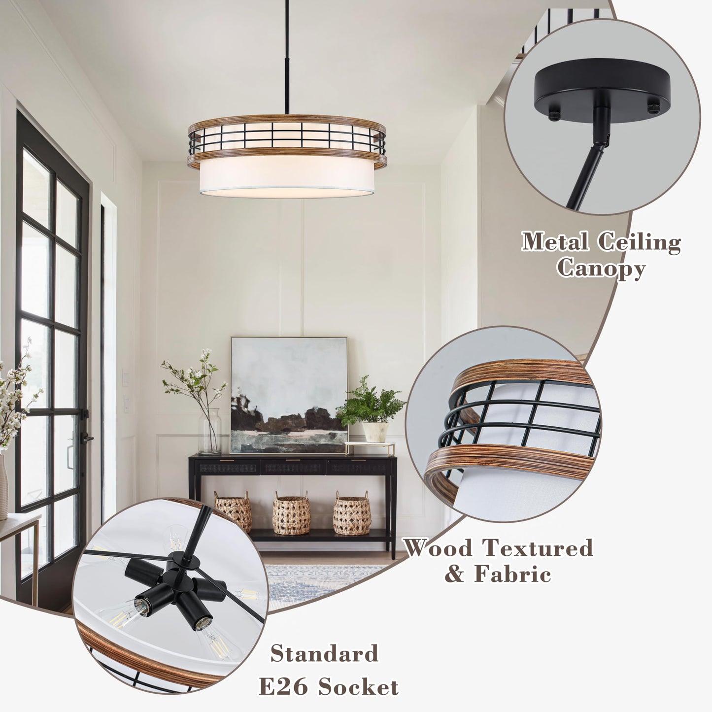 22" Large Drum Chandelier, Black and Wood Texture Pendant Light, 5-Light Farmhouse Kitchen Chandelier for Dining Room Foyer Entryway Bedroom