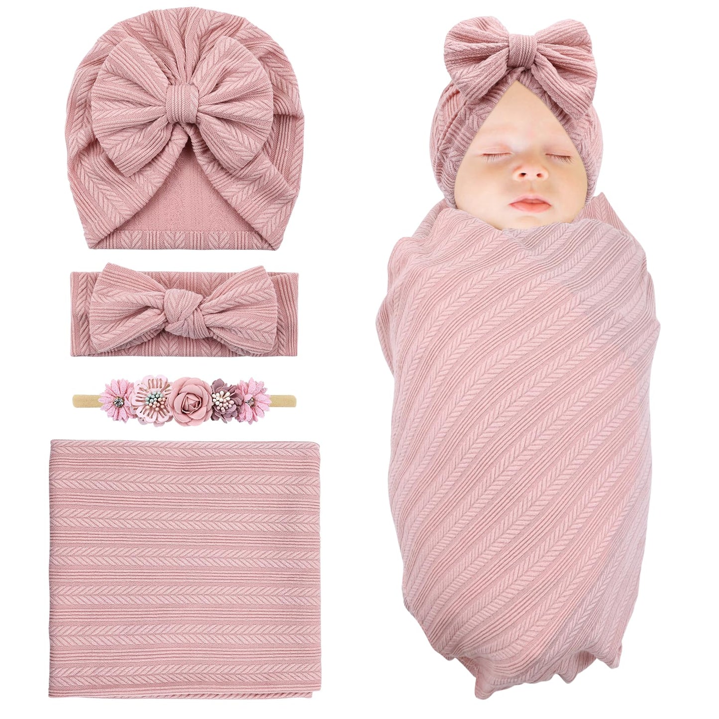 Cinaci 4pcs Dusty Pink Soft Nursery Newborn Baby Receiving Swaddle Blanket with Matching Turban Hat Bow Headbands Floral Nylon Headbands for Baby Girls Newborn Infants