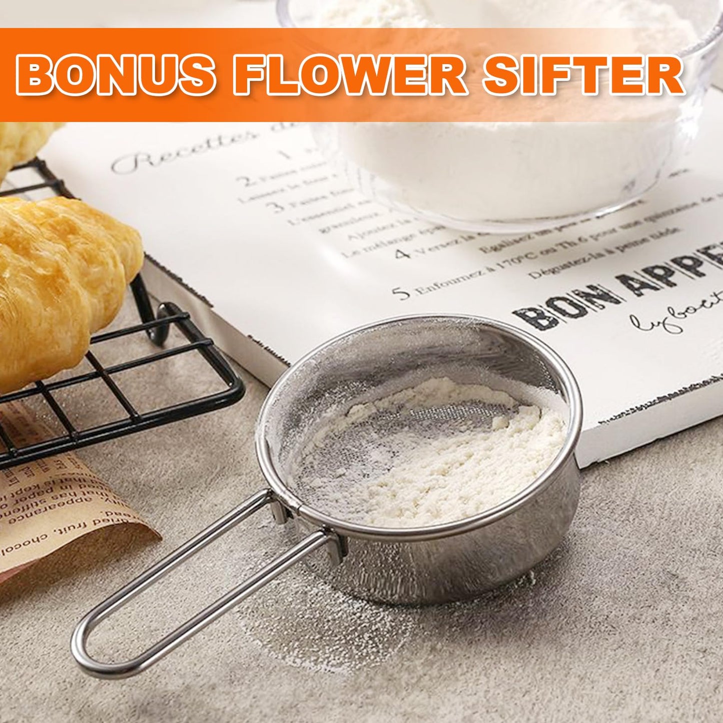 Emime 3 in1 Stainless Steel Flour Sifter for Baking 3 Cup Sifter for baking, Flour Sifter for Baking Cakes, Pastries, Pies, Cupcakes and Desserts, Powdered Sugar Shaker Duster, With Hand Press Design