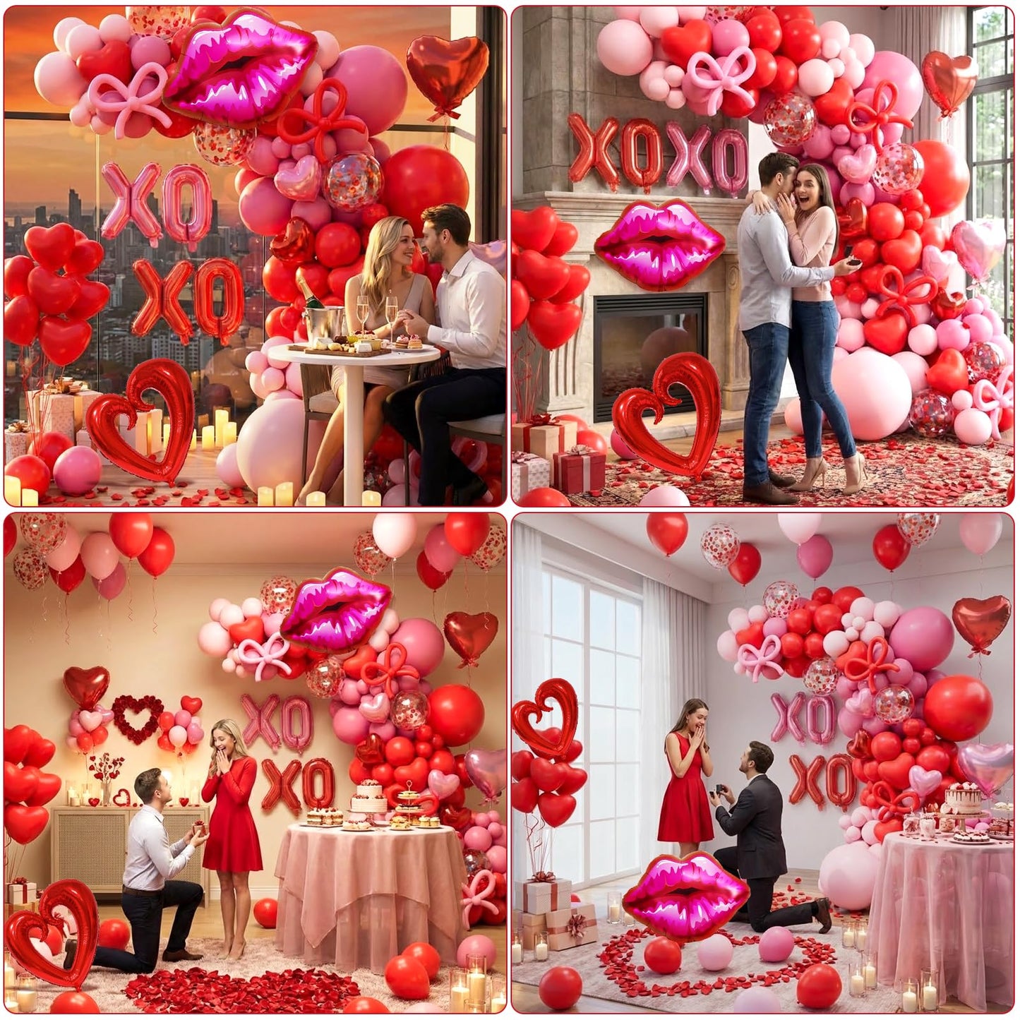 Pink and Red Balloon Garland Arch Kit, Coquette Birthday Decorations with 570pcs Red Pink Heart Confetti Balloons, Heart Lip XOXO Star Foil Balloons, Rose Petals for Wedding Romantic Decorations