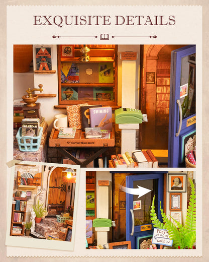 Rolife DIY Miniature House Kit 1:20 Scale Bookstore, Build Mini House Building Kit with LED Lights Craft Kits for Aduls Gifts for Him Her