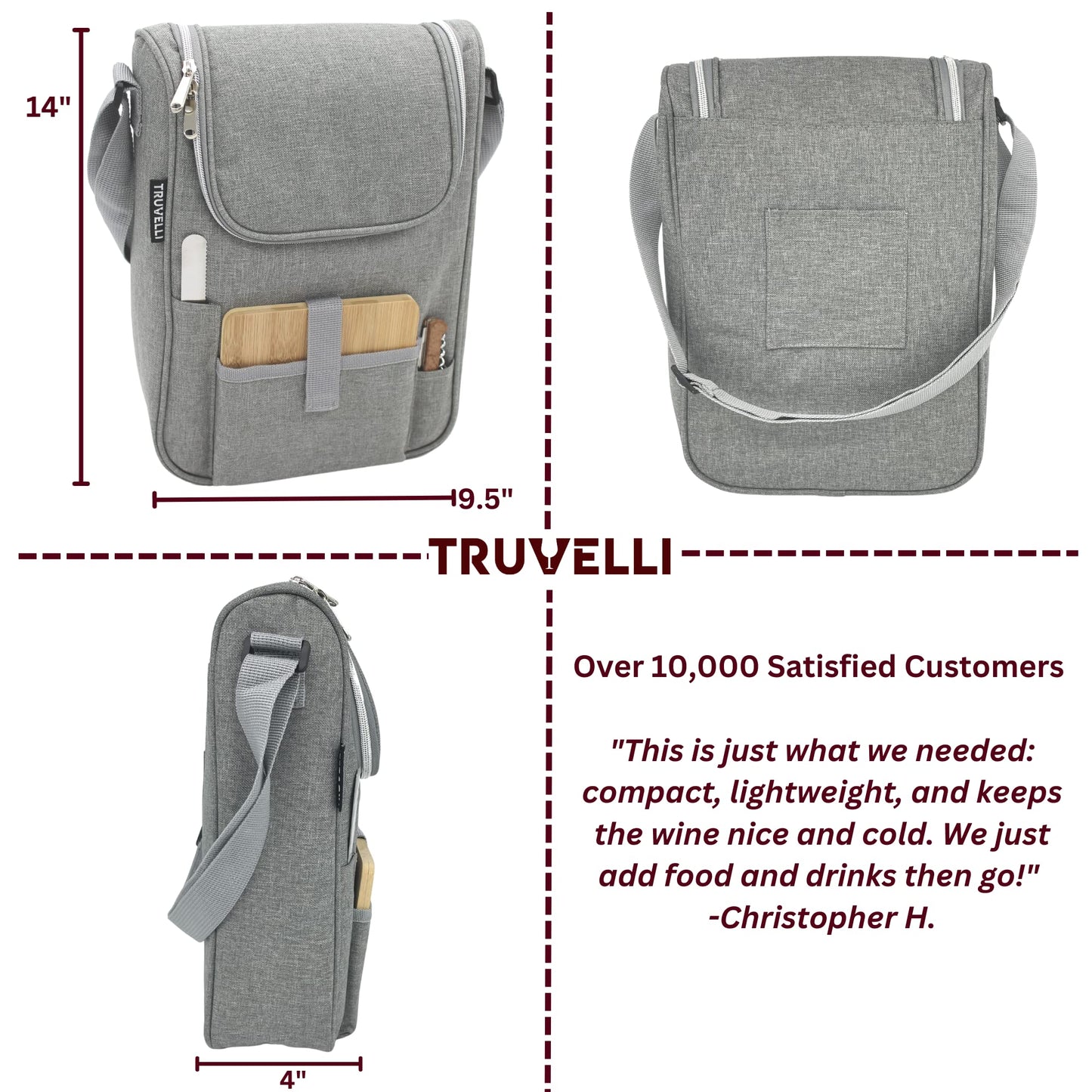 Truvelli Insulated Wine Tote Bag: Portable 2 Bottle Cheese Waterproof Black Canvas Carrier Picnic Kit - Stopper Attachment, Plus Wooden Charcuterie Board