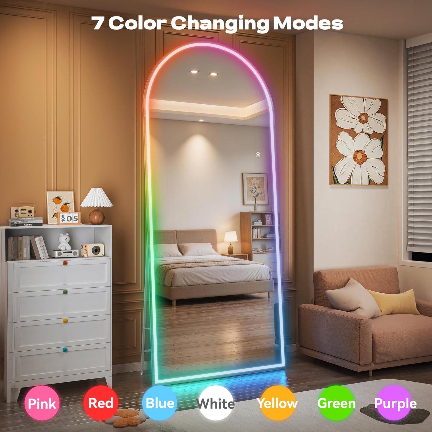Hasipu Arch Full Length Mirror 81 x 34 in with Stand — Arch LED RGB Full Body Mirror, 7 Lighting Modes, Dimmable, Built‑in Bluetooth Speaker, White Frame for Bedroom Dressing Room