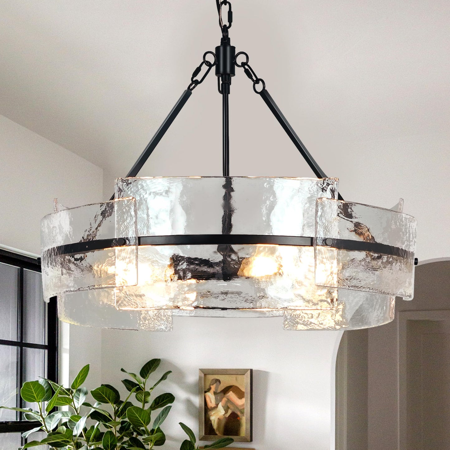 Water Textured Black Glass Drum Chandelier,Glass Chandeliers for Dining Room 20.8" Round Chandelier Dining Room Light Fixtures Over Table Modern Farmhouse Glass Pendant Light for Living Room Foyer