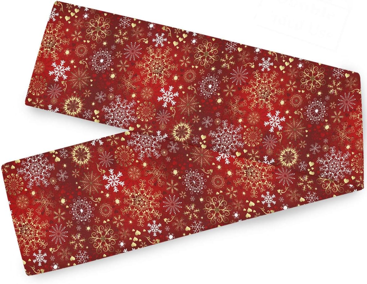 Christmas Winter Snowflake Table Runner, 13x90 Inches Double Sided, Luxurious Gold Red for Kitchen Dining Decor