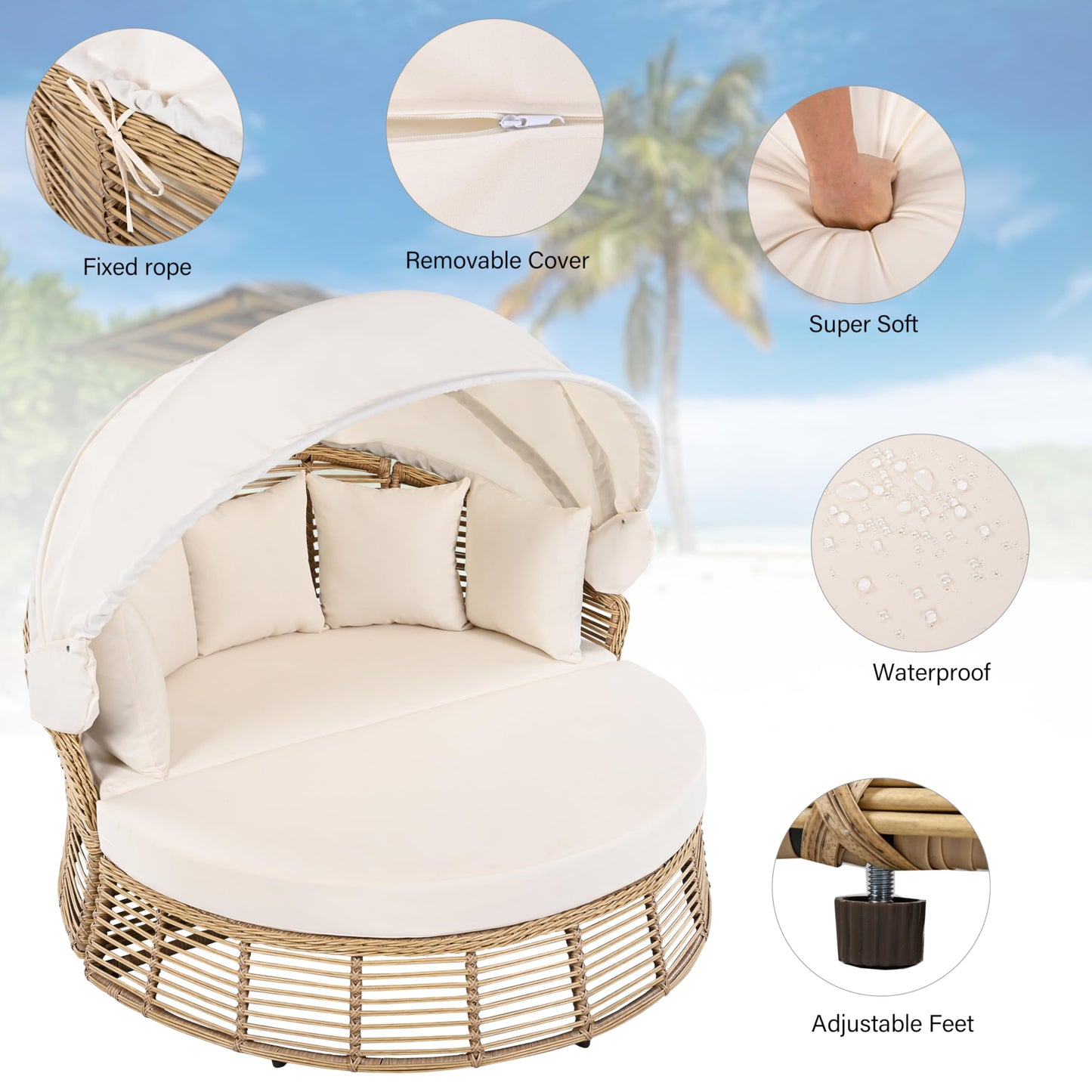 Merax Outdoor Chaise Lounge Daybed for Outside Patio Furniture Wicker with Retractable Canopy Recliner Yellow Rattan Sunbathing Lounger Sofa Sunbed Pool Reclining Sunbed, Khaki Cushion