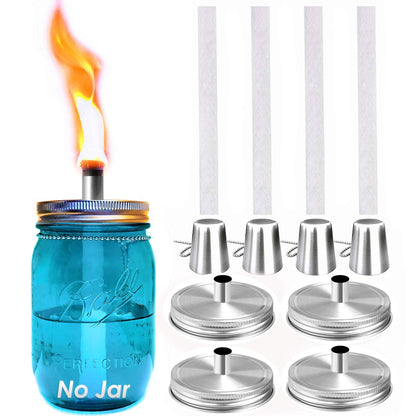 Yitee Mason Jar Tabletop Torch Kits,4 Pack Longlife Fiberglass Wicks,Stainless Steel Mason Jar Lids Caps Included,Outdoor Deck Oil Lamp Torch,Patio Xmas Decor