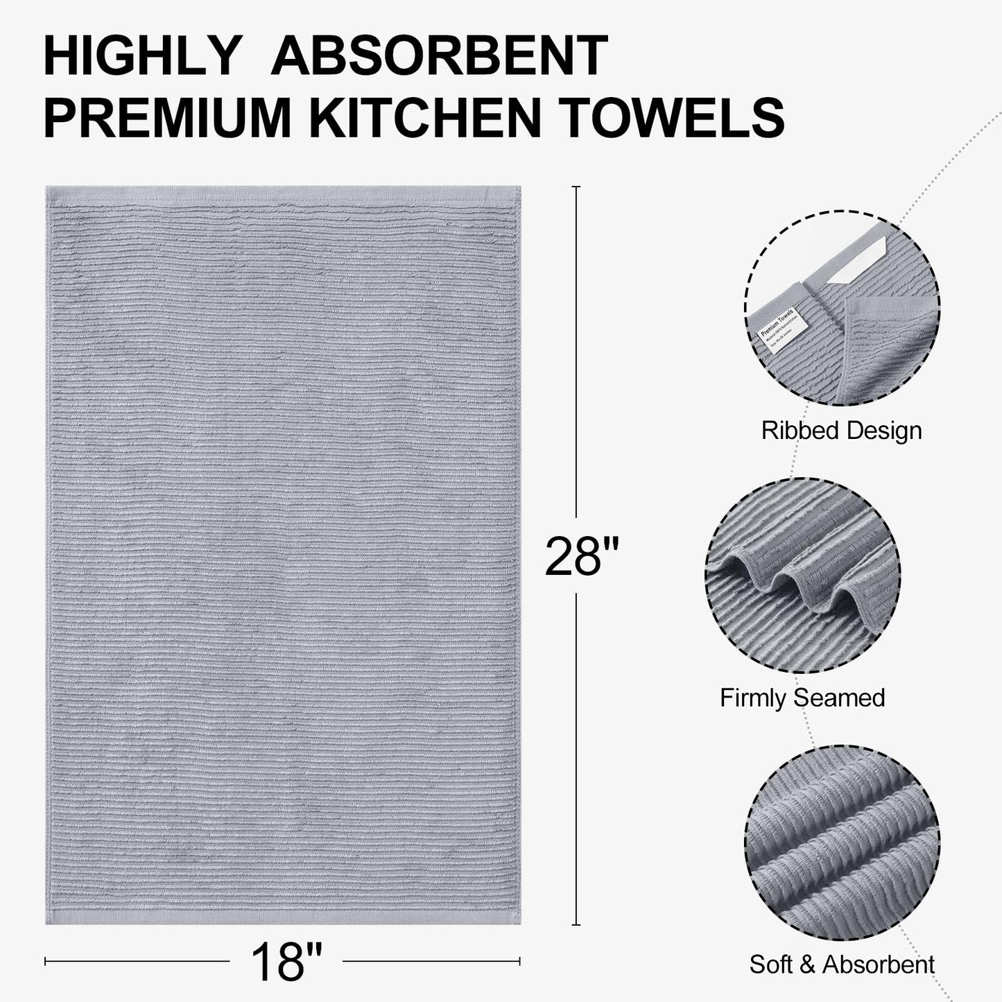 Homaxy Premium Kitchen Towels (18"x 28", 6 Pack), Large 100% Cotton Kitchen Hand Towels, Ultra Absorbent Ribbed Terry Tea Towels Set with Hanging Loop, Grey