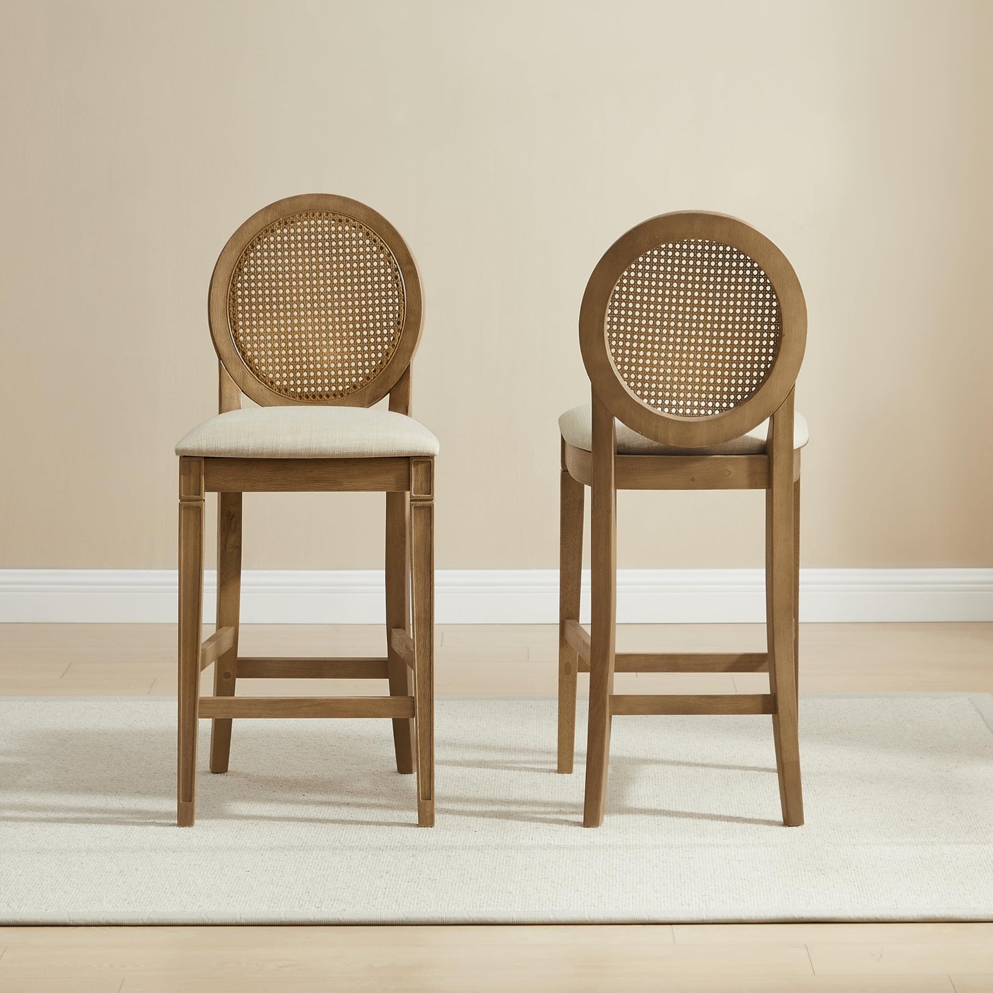 Crosley Furniture Katia Traditional Oval Cane-Back Counter Height Stool Set of 2, Upholstered Bar Stools, Driftwood/Crème
