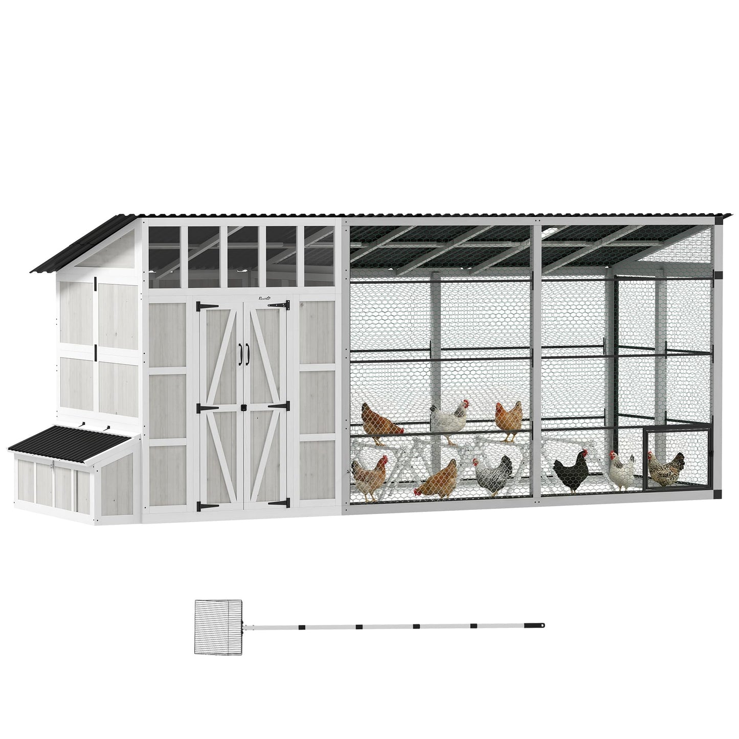 PawHut 212" L Large Chicken Coop for 10-15 Hens, Walk-in Outdoor Chicken House with Shovel, Run, Nesting Box, Weatherproof Roof, Perches, Wooden Hen House Poultry Cage for Ducks, Rabbits