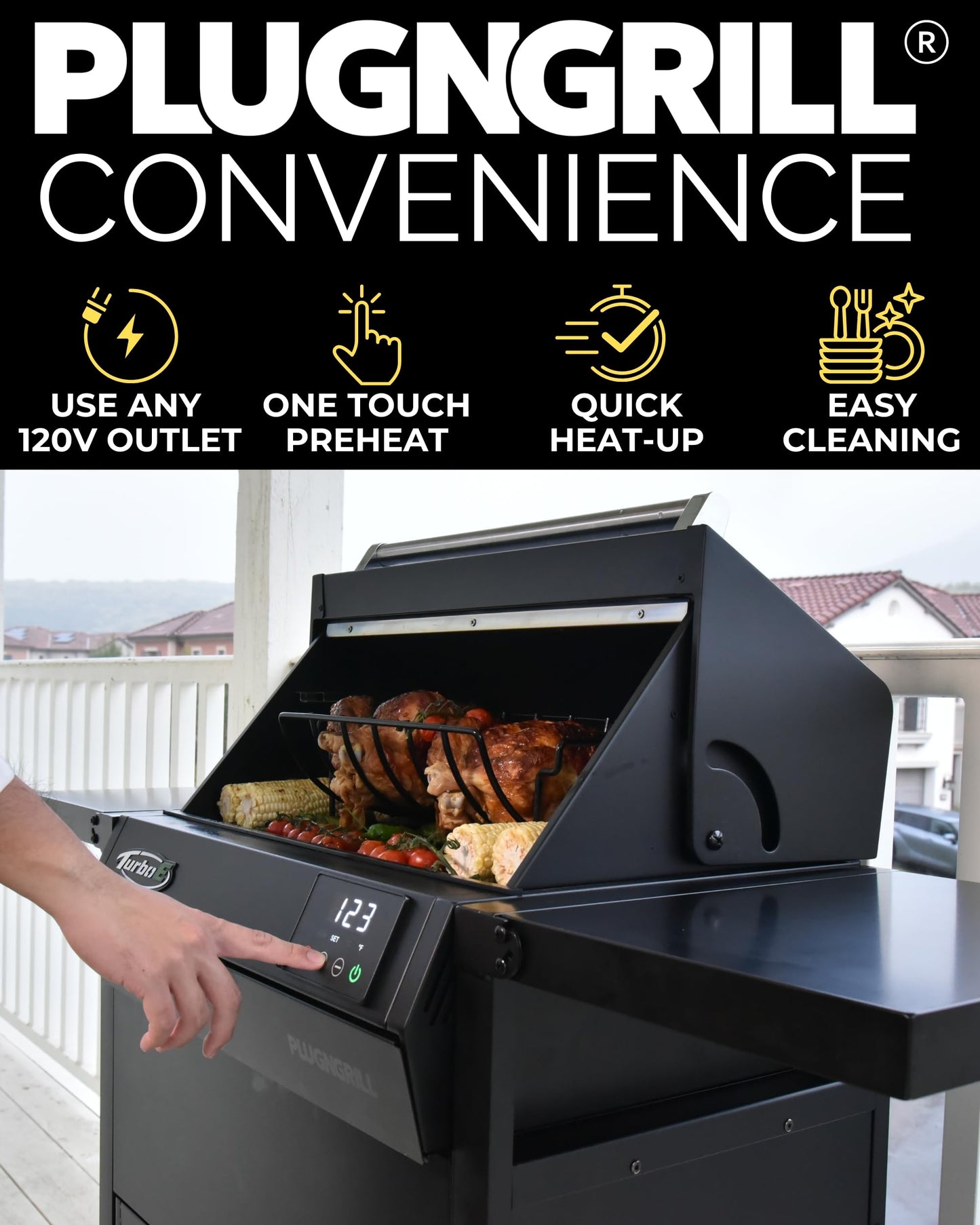 PlugNGrill Turbo E XL Electric Grill, 1700W Infrared, Warming Rack and Probe, Apartment Friendly