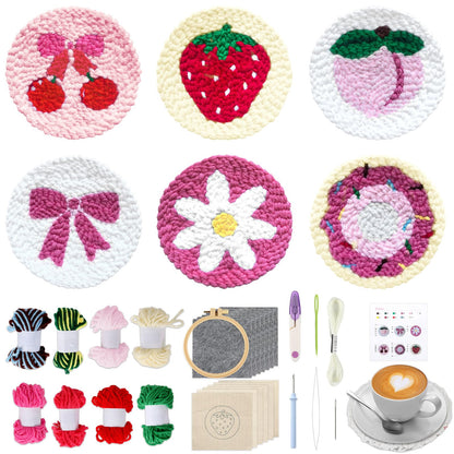 Pink Punch Needle Coaster Kit Strawberry Bow Floral Pattern Coasters Easy Punch Needle Embroidery Kit for Adults Beginner DIY Tufted Pads with Adhesive Felt Yarns Tools Embroidery Hoop Instruction